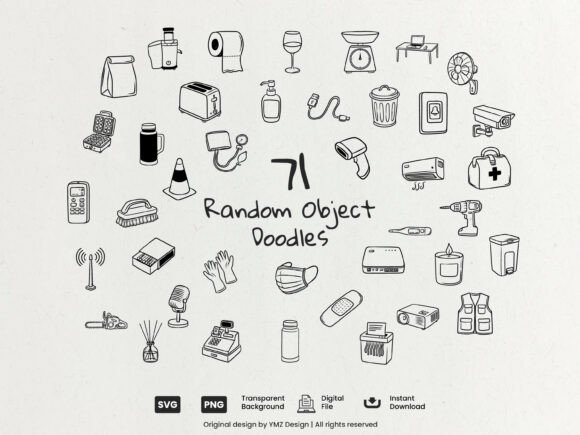 Random Object Doodles Clipart Pack: 71 Hand-Drawn Essentials