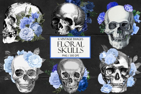 Vintage Blue Roses and Skulls Clipart: A Bold Design Asset