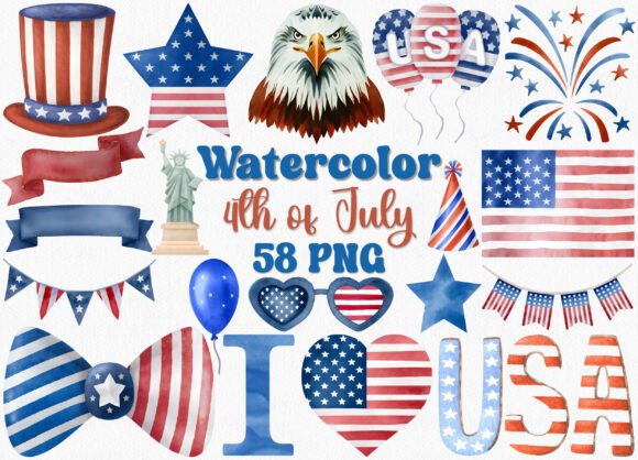 Watercolor 4th of July Clipart Set: A Designer's Toolkit for Independence Day