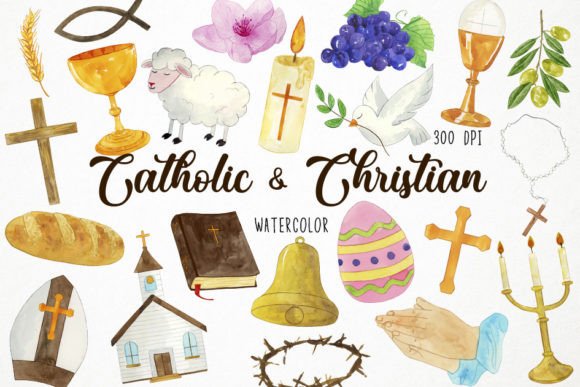 Watercolor Catholic Clipart, Christian: A Hand-Painted Asset for Faith-Based Design