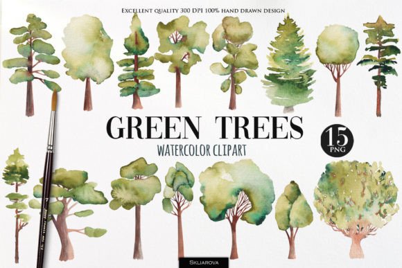 Watercolor Green Trees Clipart: Fresh Design Assets
