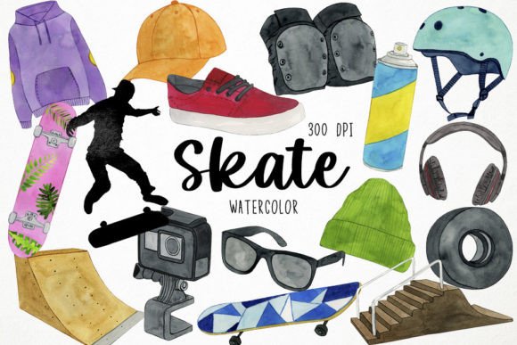 Watercolor Skate Clipart: Skateboard Design Elements